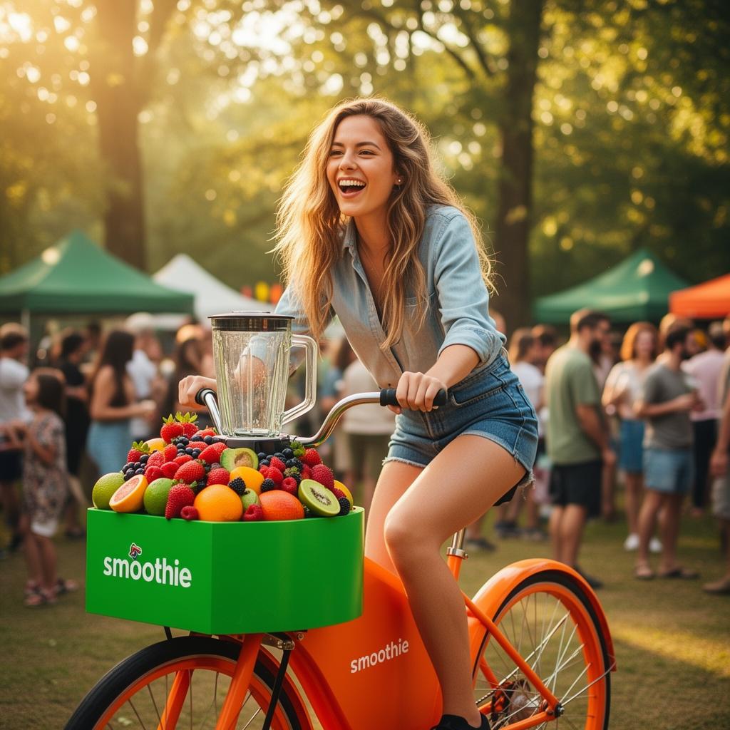 Guest pedalling a smoothie bike at an outdoor event